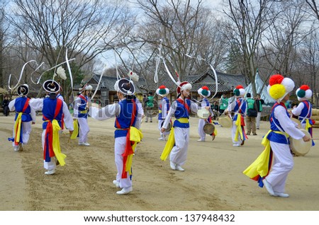 SEOUL KOREA APRIL 7: Sangmo dancer during Korean folk dance show on april 7 2013 in Seoul Korea. Sangmo dance is one of the favorite dances of the Korean people.