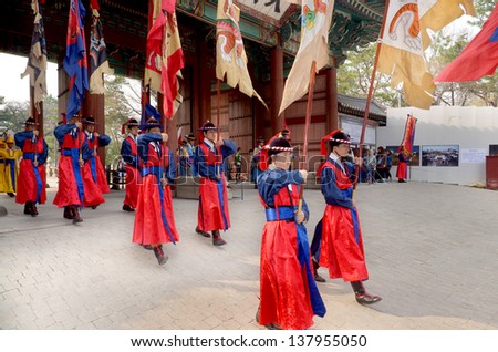 SEOUL KOREA APRIL 7: Participant at the Deoksugung Palace Royal Guard-Changing Ceremony on april 07 2013 in Seoul. Is a tradition similar to the Changing of the Guards at Buckingham Palace