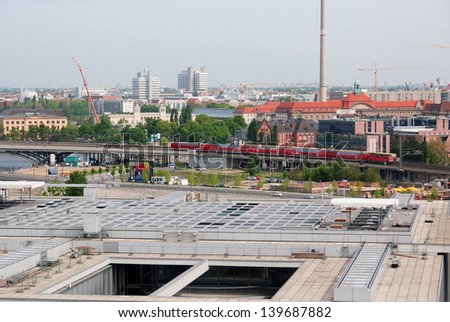 BERLIN GERMANY MAY 16: Cityscape from the sightseeing platform on the Berlin Reichstag May 16, 2010 in Berlin, Germany
