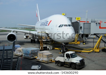 MONTREAL - CANADA MAY 25: Air France A380 a the Montreal\'s airport in preparation for takeoff on May 25 2012, Montreal, Canada. A380 is the world\'s largest passenger airliner