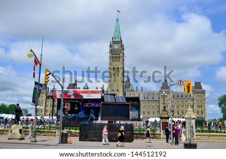 OTTAWA, CANADA, JUNE 30: Scene on Parliament Hill in preparation for the 1st of july  Canada Day show on June 30, 2013,  Ottawa, Ontario.