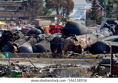 LAC MEGANTIC CANADA JULY 14: Tankers exploded after the wost train disaster in the canadian history on july 14 2013 in Lac Megantic Canada. 50 people was killed in this  humanitarian  disaster.