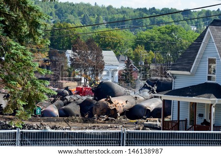 LAC MEGANTIC CANADA JULY 14: Tankers exploded after the wost train disaster in the canadian history on july 14 2013 in Lac Megantic Canada. 50 people was killed in this  humanitarian  disaster.