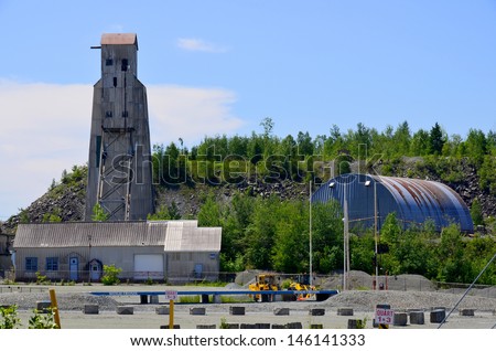 Old building in closed asbestos mine Black Lake (Thetford Mines) Quebec Canada