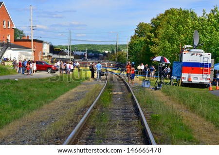 LAC MEGANTIC CANADA JULY 14: Rail direction to the worst train disaster in the canadian history on july 14 2013 in Lac Megantic Canada. 50 people was killed in this humanitarian disaster.