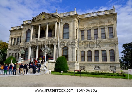 ISTANBUL TURKEY OCT 02: Dolmabahce Palace on oct 02, 2013 in Istanbul, Turkey. Dolmabahce Palace was ordered by the Ottoman Empire\'s 31st Sultan, Abdulmecid I, and built between the years 1843 & 1856.