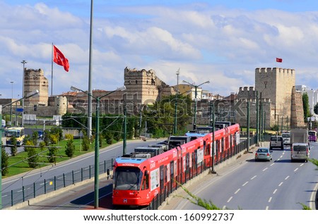 ISTANBUL TURKEY SEPT 25 A modern tram on Sept 25, 2013 in Istanbul Turkey. Due to increasing traffic & air pollution, Istanbul became one of most polluted city also planned for return of tram.
