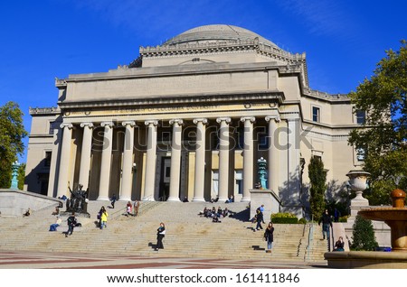 NEW YORK CITY-OCT 27: Columbia University Library and statue of Alma Mater, New York,NY,on Otc 27, 2014. It is the oldest institution of higher learning in the state of NY, the 5th oldest in the USA