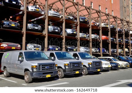 NEW YORK, USA OCTOBER 28: An automated car parking system  on October 28, 2013 in Manhattan, New York City, USA. Automatic multi-story automated car park systems are less expensive per parking slot.