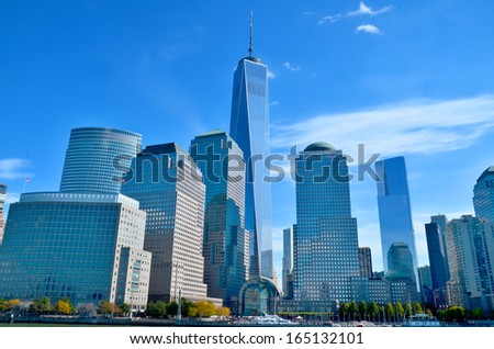 NEW YORK - OCTOBER 24: Lower Mahattan and One World Trade Center or Freedom Tower on October 24, 2013 in New York City, New York. It\'s the primary building of the new World Trade Center complex