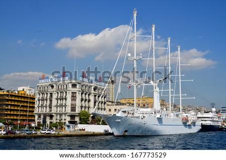 ISTANBUL TURKEY OCT. 4:The msy Wind Spirit is a motor sailing yacht, sailing as a cruise ship for Windstar Cruises. on october 4 2013 in Istanbul Turkey