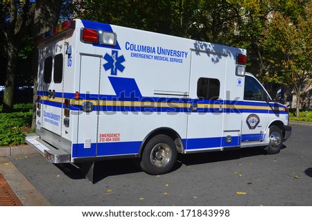 NEW YORK CITY OCT 27: Columbia University Emergency Medical Service (CU EMS) is a student-operated, New York State-certified, Basic Life Support volunteer ambulance corps. on Oct 27, 2013 NY USA