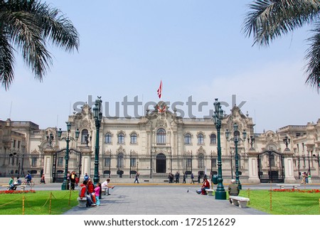 LIMA PERU NOV. 24: Government palace at Plaza de Armas on 11 24 2009 in Lima, Peru.Is the birthplace of the city of Lima, as well as the core of the city. Located in the Historic Centre of Lima.