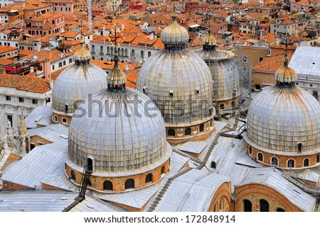 View of domes, San Marco Basilica in Venice The Patriarchal Cathedral Basilica of Saint Mark is the cathedral church of the Roman Catholic Archdiocese of Venice