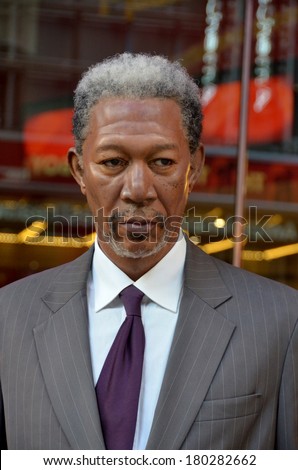 NEW YORK, USA OCTOBER 2: Morgan Freeman wax figure in exhibition at the Madame Tussauds Wax Museum in New York. Landmark of NY, Madame Tussauds exhibits wax figures of famous people on oct. 2013 in NY