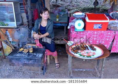 SIEM REAP CAMBODIA MARCH 30: Woman cooks on the side on the street on march 30 2013 in Siem Reap,Cambodia Khmer cuisine or more generally Cambodian cuisine is one of the world\'s oldest living cuisines