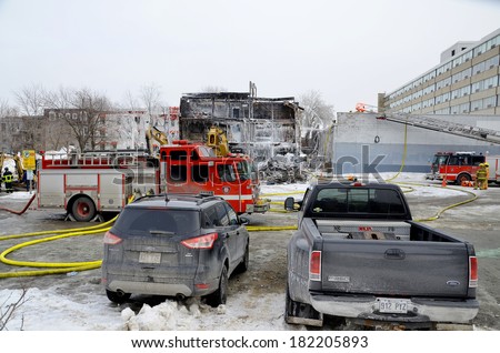 MONTREAL MARCH 01: Fire aftermath and 50 people have been left homeless after a massive fire that destroyed an apartment building in the heart of downtown Montreal. On march 01 2014 in Montreal Canada