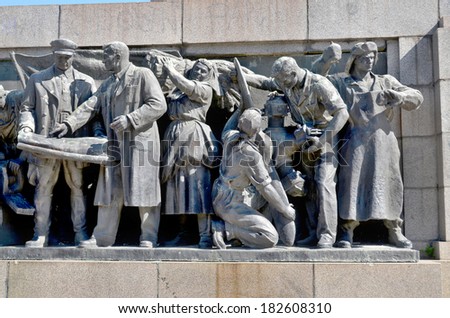 SOFIA, BULGARIA - SEPTEMBER 23: Details of Soviet Army monument on September 23, 2013 in Sofia, Bulgaria The monument was constructed in 1954 commands a presence in one of the largest parks in Sofia.