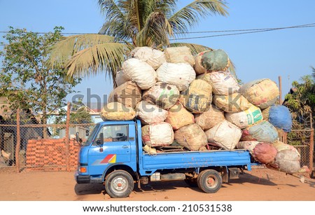 PHNOM PHEN CAMBODIA MARCH 25; Truck loaded of bales of coton on march 25 2013 in Phnom Phen Cambodia. Cambodia which provides very good conditions for cotton cultivation
