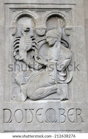 New York, NY, USA OCTOBER 28: Bas relief of Scorpio the eighth astrological sign in the Zodiac.  on october 28 2013 in New York. Depending zodiac system  Scorpio may be called a Scorpio or a Scorpian.