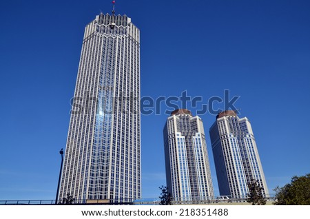 ISTANBUL TURKEY SEPTEMBER 29: Modern business buildings in downtown Istanbul on september 29 2013 in Istanbul Turkey. The population of Istanbul was 13,85 millions (2012)