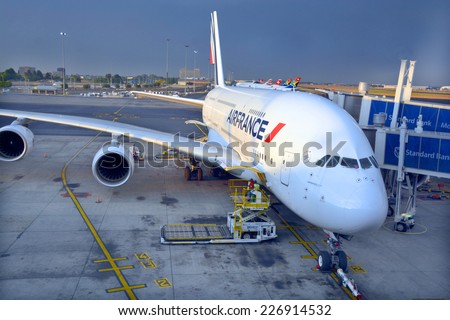 JOHANNESBURG SOUTH AFRICA OCTOBER 20: Air France A380 a the Johannesburg\'s airport in preparation for takeoff on october 20 2014 in Johannesburg SA. A380 is the world\'s largest passenger airliner