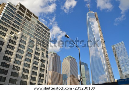 NEW YORK - OCTOBER 24: Lower mahattan and One World Trade Center or Freedom Tower on October 24, 2013 in New York City, New York.is the primary building of the new World Trade Center complex