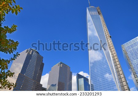 NEW YORK - OCTOBER 24: Lower mahattan and One World Trade Center or Freedom Tower on October 24, 2013 in New York City, New York.is the primary building of the new World Trade Center complex