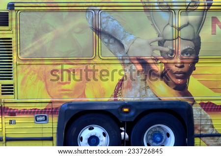 NEW YORK USA OCTOBER 27: The Lion King sign on bus on ocotber 27, 2013 in New York USA. With more than 5,350 performances, The Lion King is now Broadway\'s seventh longest-running show in history.
