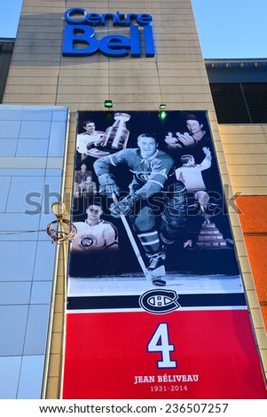 MONTREAL CANADA DEC 04: Sign of Jean Beliveau 1931- 2014 former hockey player in front the Bell Center on dec. 04 2014 in Montreal Canada. He was inducted into the Hockey Hall of Fame in 1972.