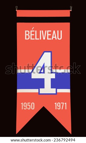 MONTREAL CANADA DEC 04: Banner no 4 of Jean Beliveau 1931- 2014 former hockey player inside the Bell Center on dec. 04 2014 in Montreal Canada. He was inducted into the Hockey Hall of Fame in 1972.