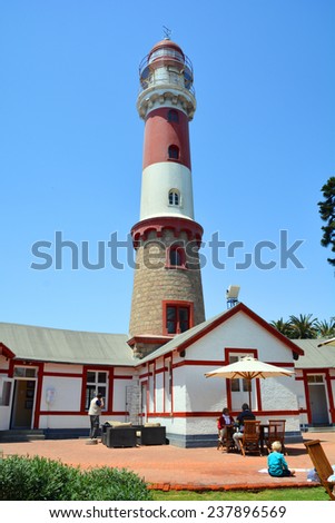 SWAKOPMUND, NAMIBIA OCT 09: The Lighthouse is still in operation, guiding ships with its light seen as far as from 35 nautical miles. One of the most prominent Swakopmund\'s landmarks On Oct 09  2014