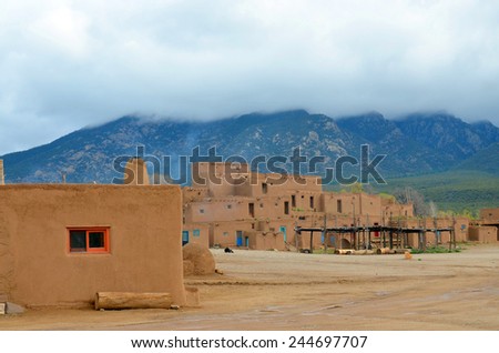 TAOS NEW MEXICO APRIL 20:. The historic Taos Pueblo On april 20 2014 in Taos NM USA.The adobe walls of mud and straw are typical of native American culture in the region