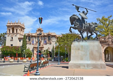 SAN DIEGO CA USA APRIL 10: The 23 foot tall statue of Rodrigo Diaz de Vivar (El Cid) of Spain\'s war against the Moors. Balboa Park San Diego. On april 10 2015