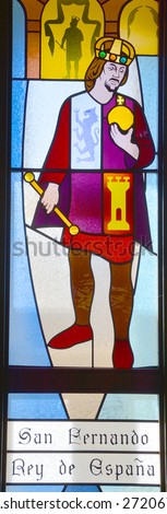 HALF MOON BAY CA USA APRIL 12: Stained glass window of San Fernando Reyde Espana  (Saint Ferdinand king of spain)  in Our Lady of the Pillar Church on april 12 2015 in Half Moon Bay, CA,