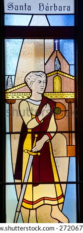 HALF MOON BAY CA USA APRIL 12: Santa Barbara (Saint Barbara) stained glass window in Our Lady of the Pillar Church on april 12 2015 in Half Moon Bay, CA,