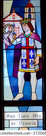 HALF MOON BAY CA USA APRIL 12: San Luis Rey de Francia  (Saint Louis king of France) stained glass window in Our Lady of the Pillar Church on april 12 2015 in Half Moon Bay, CA,