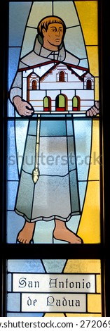HALF MOON BAY CA USA APRIL 12: San Antonio de Padua (Saint Anthony of Padua) stained glass window in Our Lady of the Pillar Church on april 12 2015 in Half Moon Bay, CA,