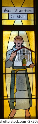 HALF MOON BAY CA USA APRIL 12: San Francisco De Asis (Saint Francis of Assisi) stained glass window in Our Lady of the Pillar Church on april 12 2015 in Half Moon Bay, CA,