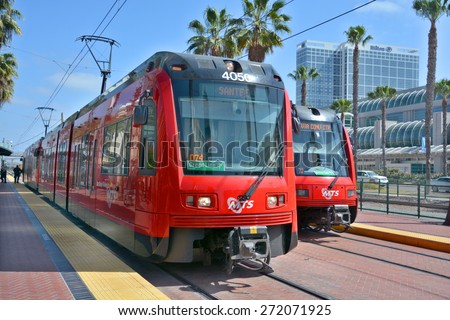 SAN DIEGO CA USA APRIL 8: The San Diego Trolley is a light rail system operating in the metropolitan area of San Diego on april 8 2015. It is known colloquially as The Trolley.