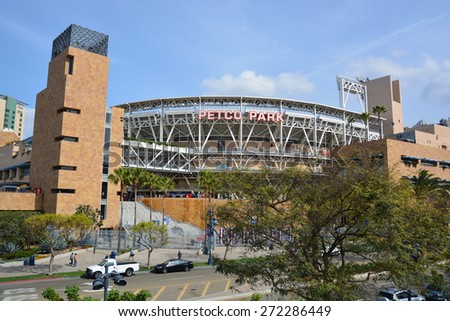 SAN DIEGO CA USA APRIL 7 2015: Petco Park Stadium, home of the Padres baseball team, in San Diego. Petco Park is an open-air ballpark in downtown San Diego, California
