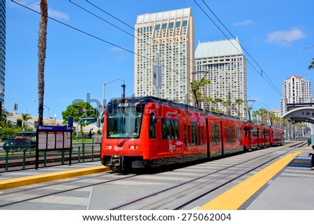 SAN DIEGO CA USA APRIL 8: The San Diego Trolley is a light rail system operating in the metropolitan area of San Diego on april 8 2015. It is known colloquially as The Trolley.