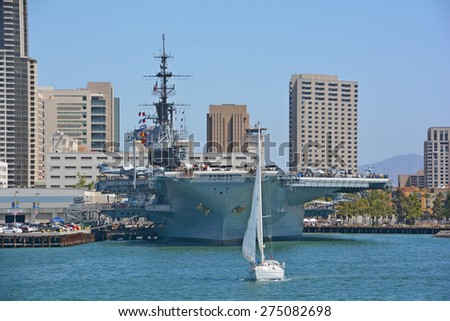 SAN DIEGO, CALIFORNIA USA 04 8 2015: USS Midway was an aircraft carrier of the United States Navy, the lead ship of its class. Commissioned a week after the end of World War II it is now a museum ship