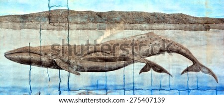 MONTEREY CA USA 04 12 2015: Mural whale Monterey is a virtual outdoor art gallery where city walls become the artist canvas and the unremarkable become works of art.
