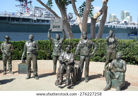 SAN DIEGO CA USA APRIL 8 2015: Bronze statues of A National Salute to Bob Hope and the Military. On the plaza, there are 15 bronze statues, arranged as if attending a Bob Hope show.