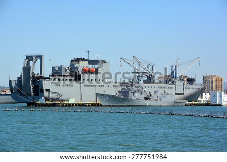 SAN DIEGO CA USA APRIL 09 2015: USNS Bob Hope (T-AKR-300) the lead ship of her class of vehicle cargo ships for Army vehicle prepositioning, is the only naval ship of the US to be named after Bob Hope