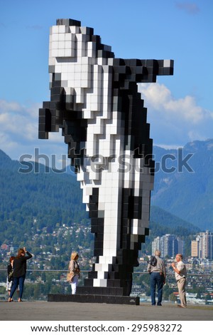 VANCOUVER BC CANADA JUNE 15 2105: Digital Orca is a 2009 sculpture by Douglas Coupland, located adjacent to the Vancouver Convention Centre is commonly referred to as Lego Orca or Pixel Whale