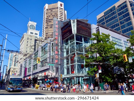 VANCOUVER BC CANADA JUNE 27 2015: Downtown Vancouver in the north-central part of the City of Vancouver. It is the business, commercial, cultural, financial, government, and entertainment centre