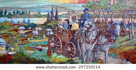 CHEMAINUS BC CANADA JUNE 23 2015: Mural tell the story of Chemainus is a city on the east coast of Vancouver Island, British Columbia. The Chemainus is now famous for its 39 outdoor murals.