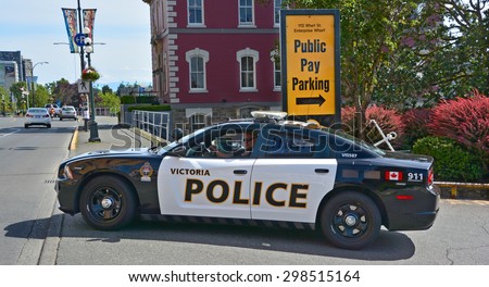 VICTORIA BC CANADA JUNE 20 2015: Victoria police car. Victoria Police Department (VicPD) is the municipal police force for the City of Victoria and the Township of Esquimalt, British Columbia, Canada.